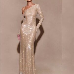 Diamante Long Sleeve Maxi Dress - Nude